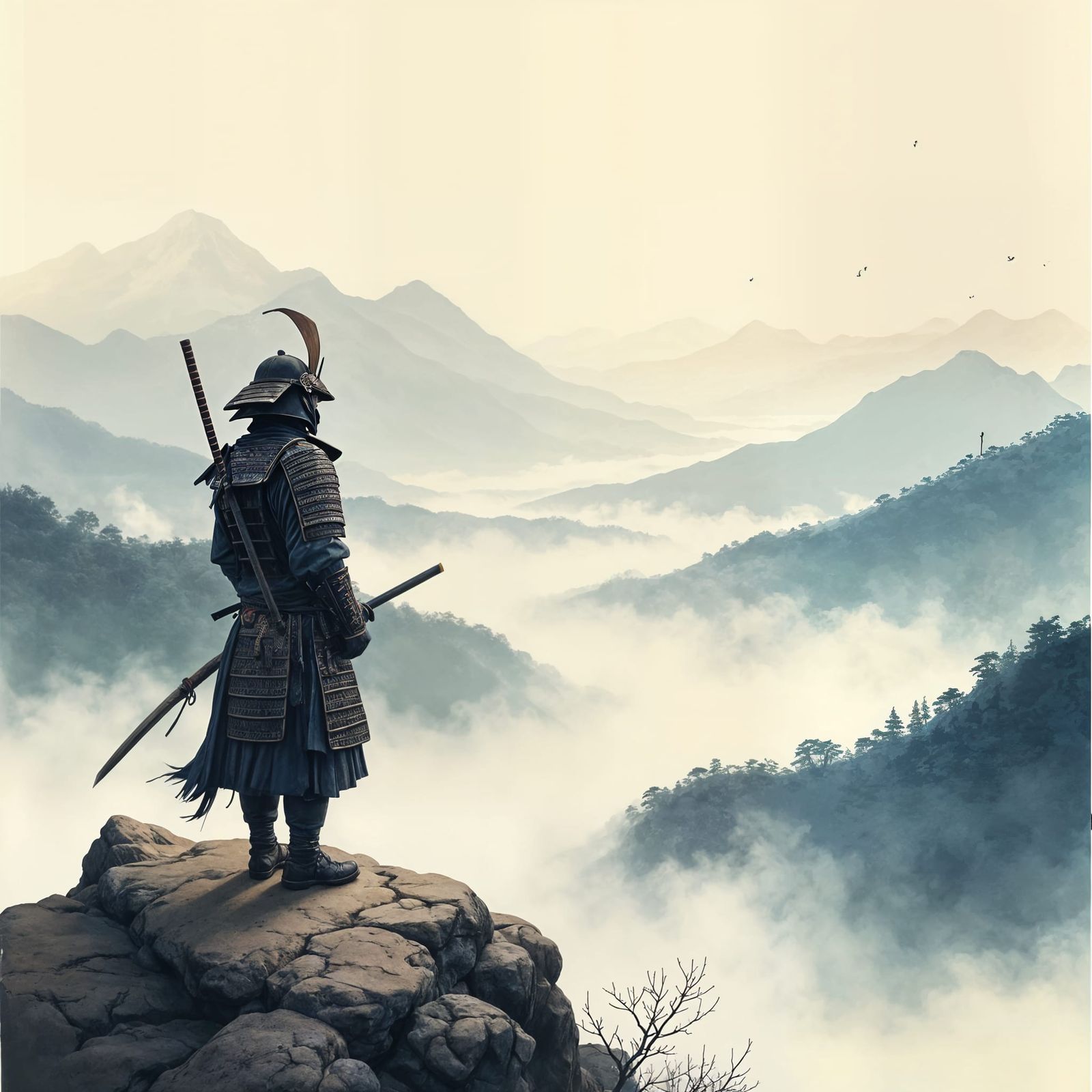 Samurai on Misty Peak in Japanese Ink Wash Style