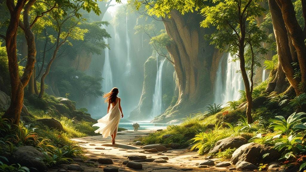 Utopic Frutiger Aero Forest With Serene Woman