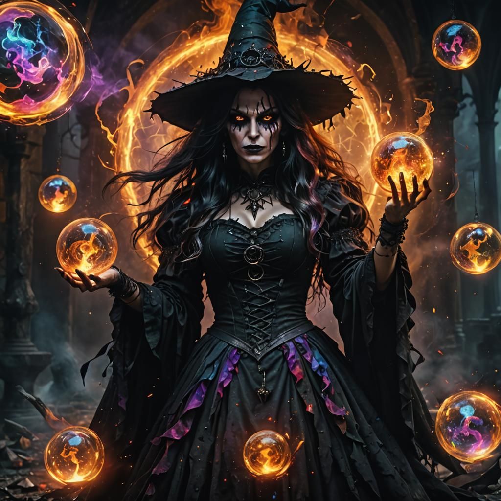 Gothic Witch Casting Magic with Swirling Colors