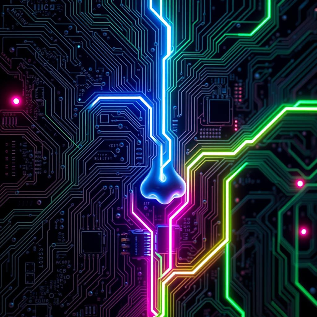 Glowing Circuit Board Portrait in Neon Hues