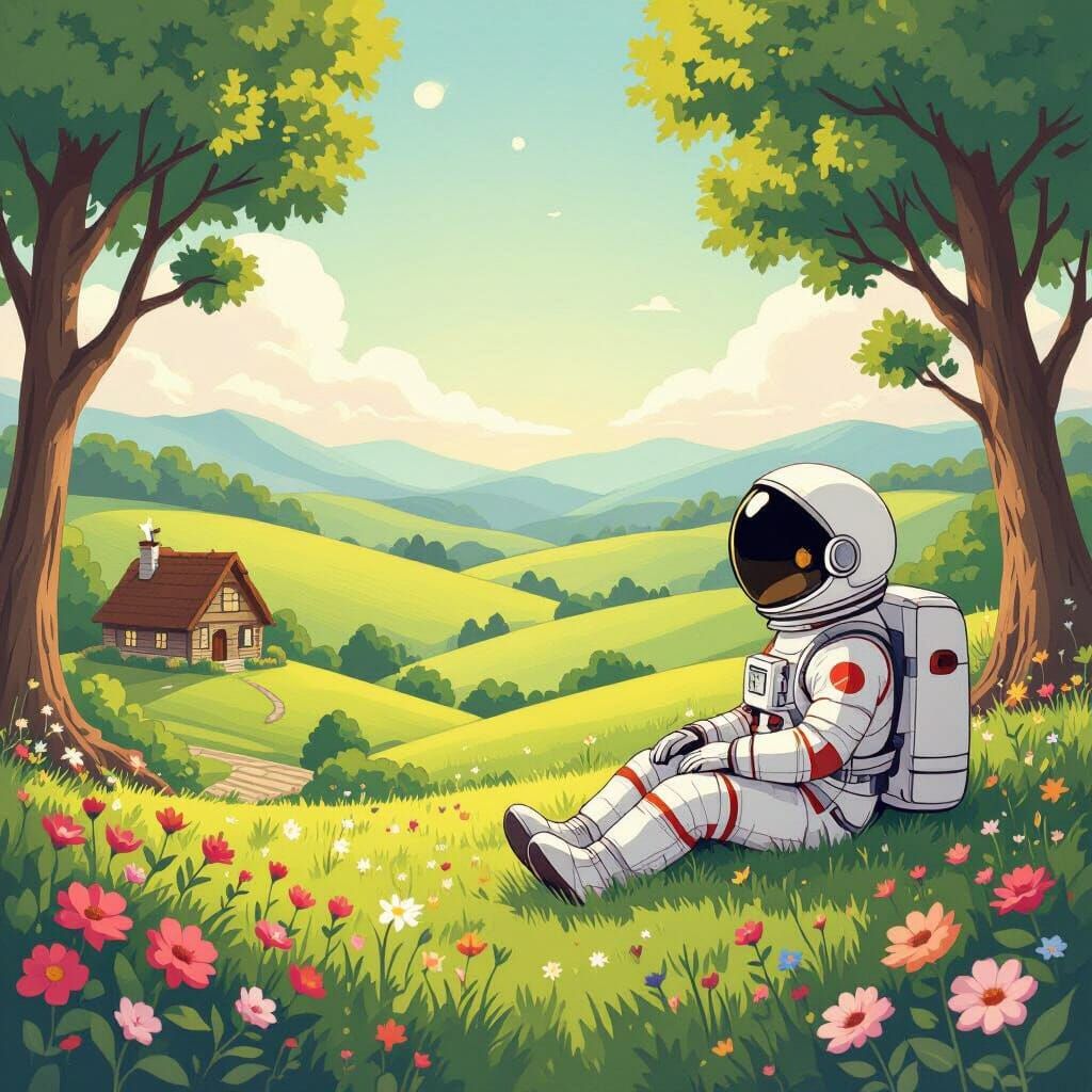 Astronaut in Dreamy Ghibli Landscape with Zodiac Elements