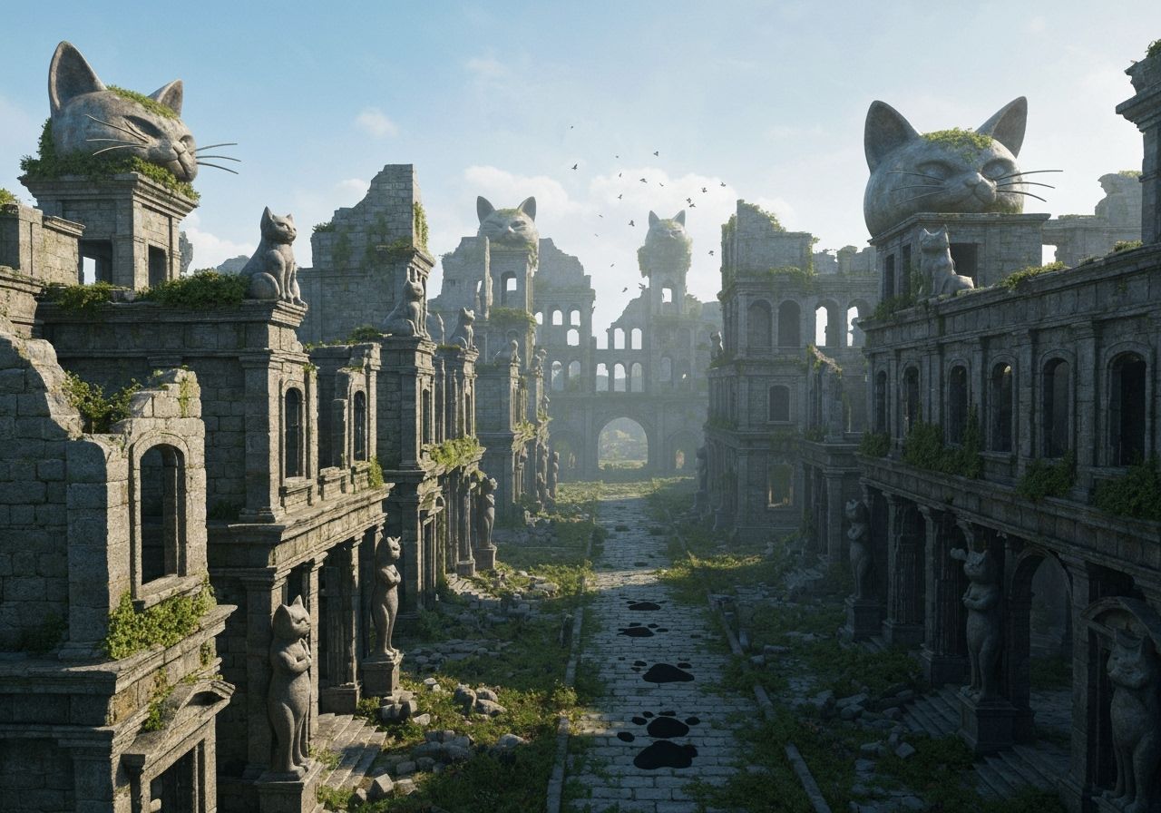 Ancient Cat-Feature City Ruins with Wild Overgrowth