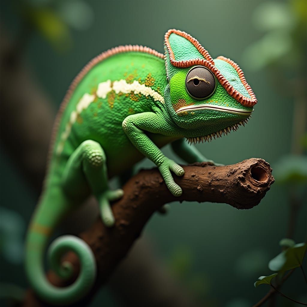 Vibrant Green Chameleon on Branch