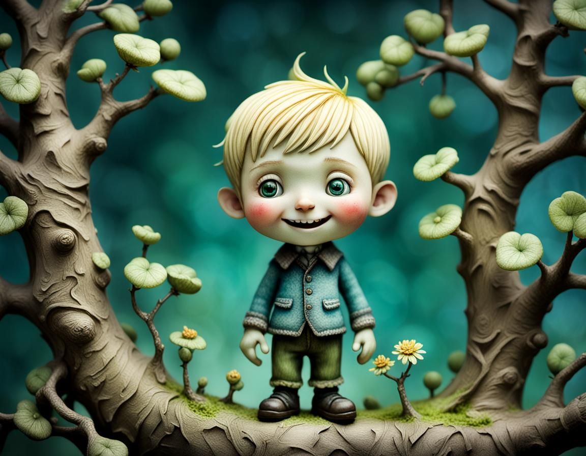 Surreal Figurine of a Happy Man Climbing Trees