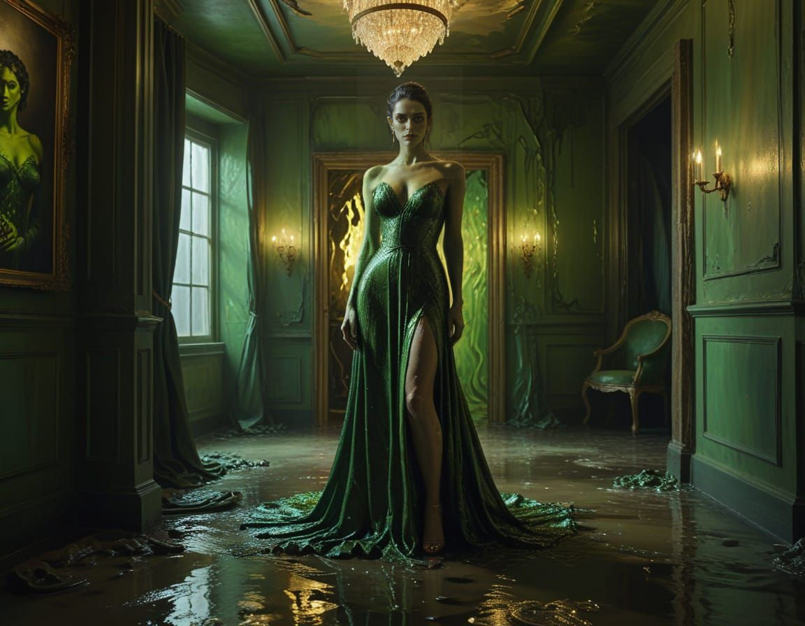 Elegant Green-Skinned Female Orc in Surrealist Evening Party