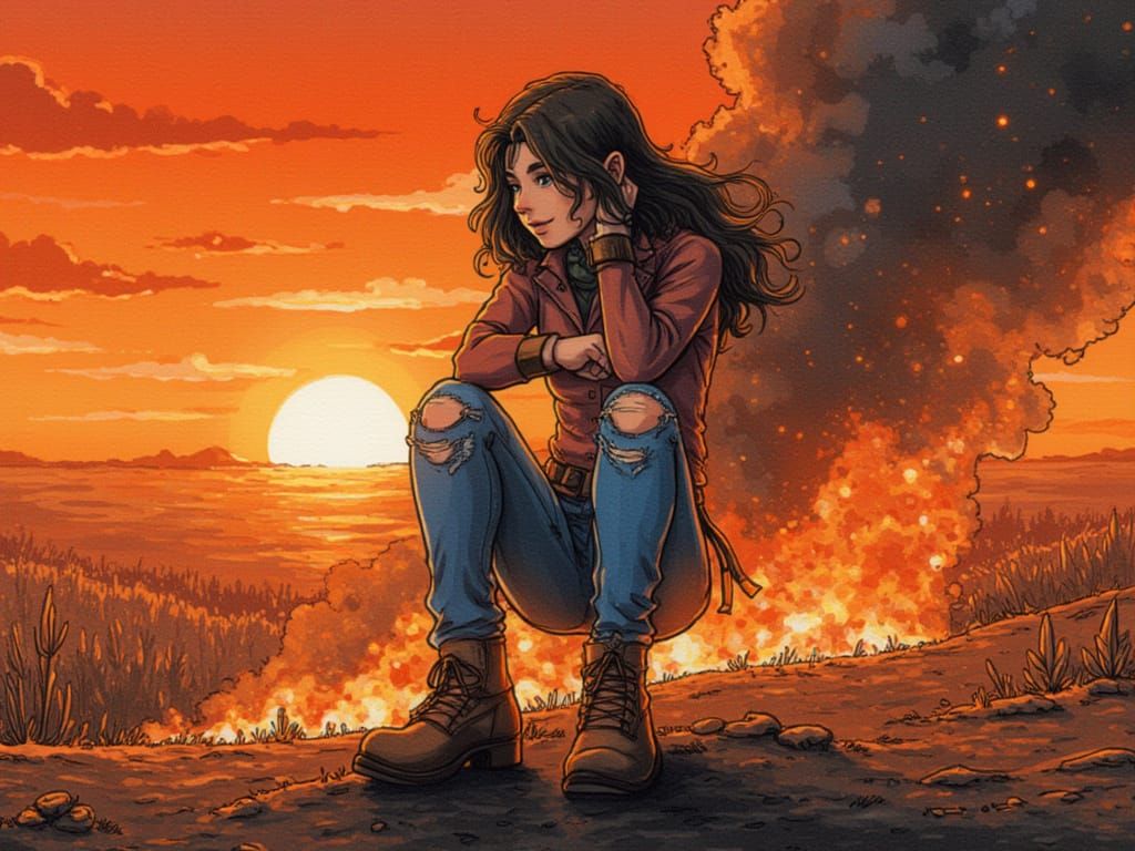 Woman in Ripped Jeans on Riot Background - Concept Art Illus...