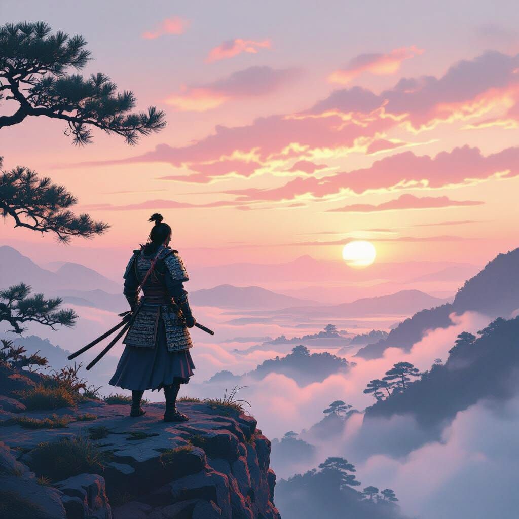 Stoic Samurai Warrior Overlooking Japanese Landscape at Dawn