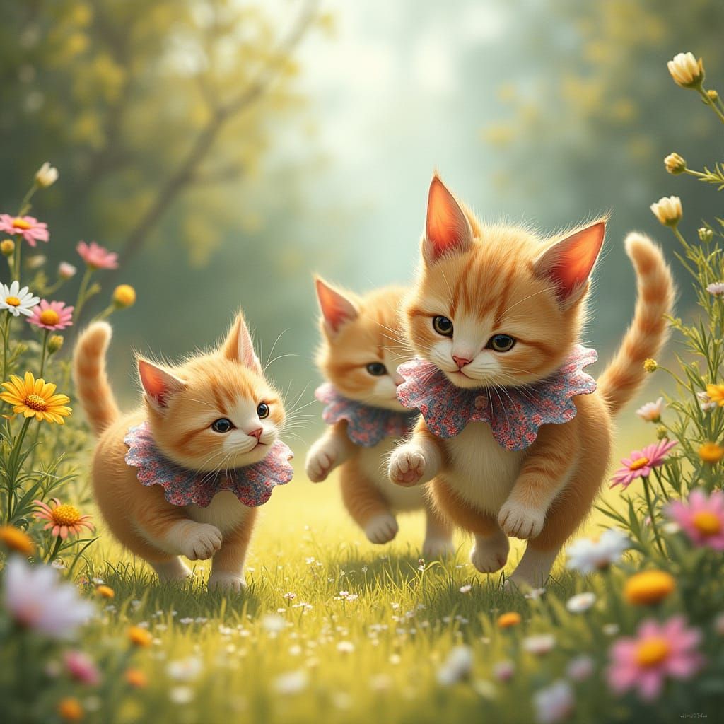 Cat Family in Sunny Garden, Beatrix Potter Style