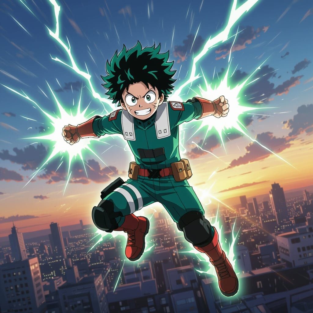Izuku Midoriya in Dynamic Mid-Air Action Pose