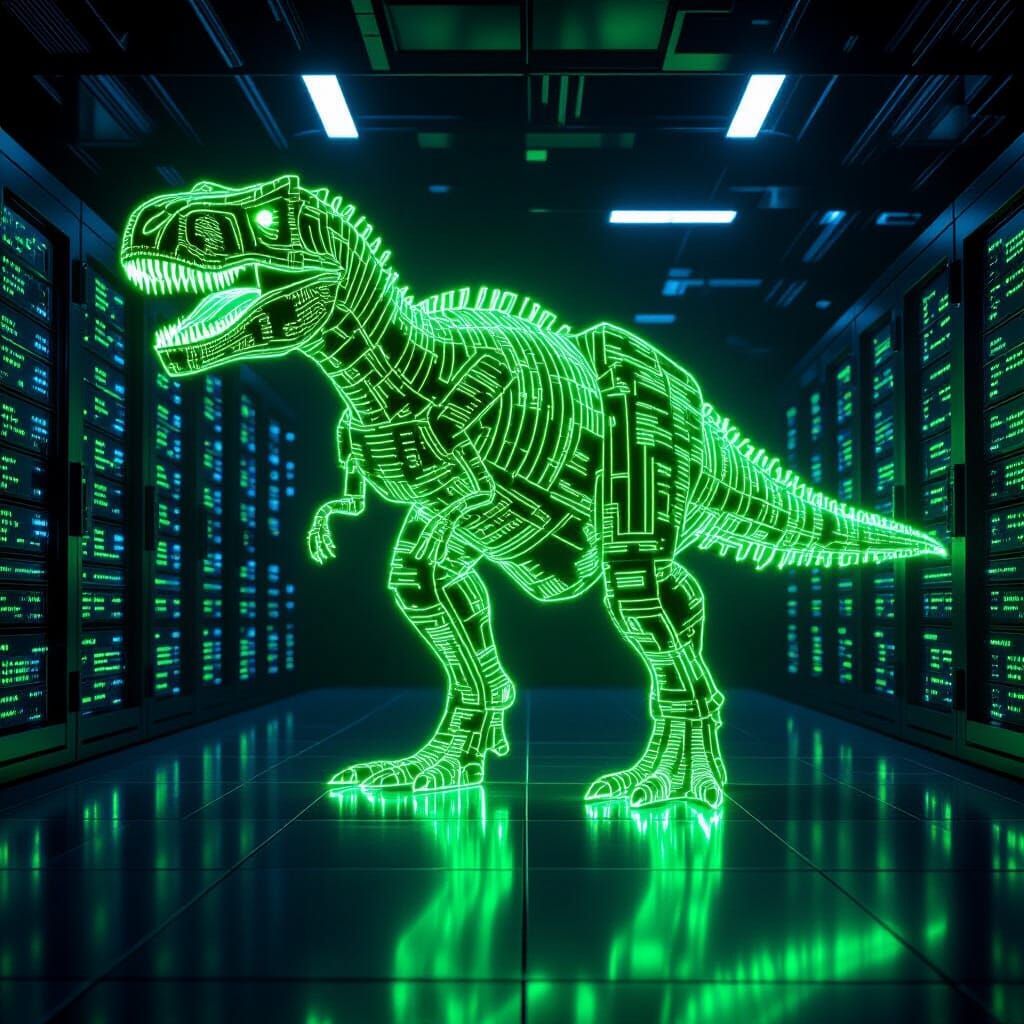 T-Rex Made of Glowing Code in Cyberpunk Server Room