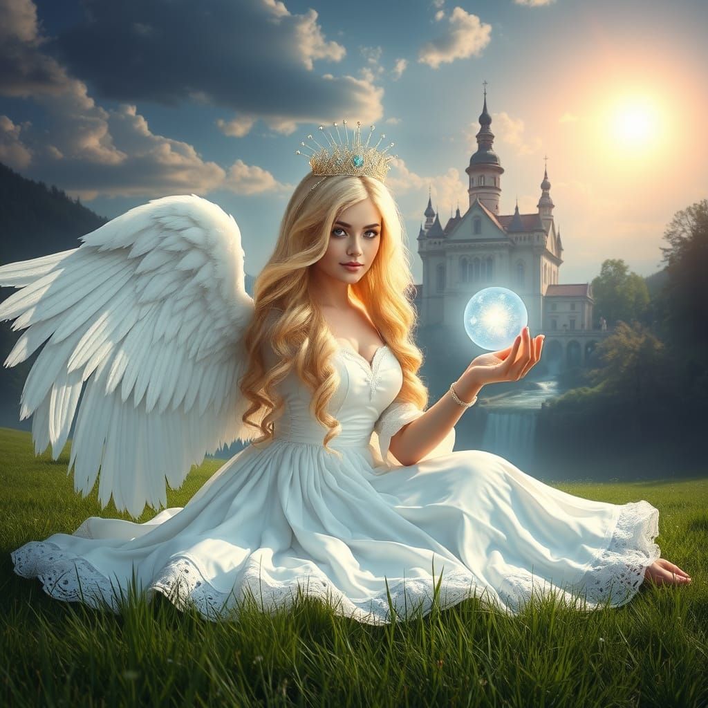 Angel Woman in White Gown with Long Blonde Hair and Sapphire...