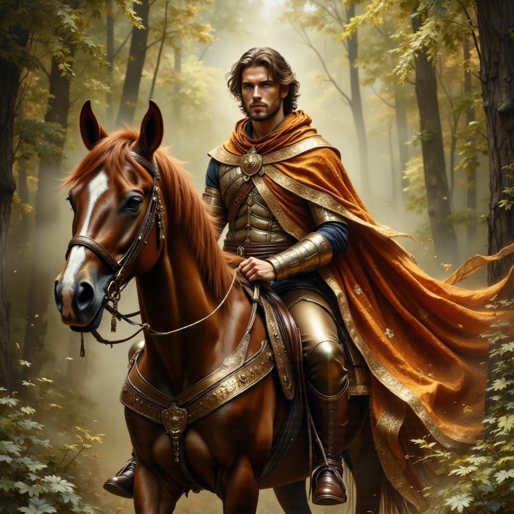 Man Rides Horse From Forest in Brushed Oils Style