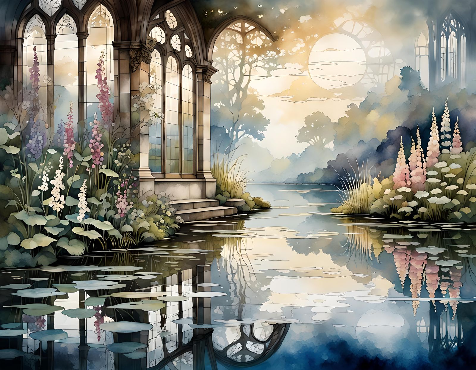 Foxgloves by Pond in Liquid Ink Style