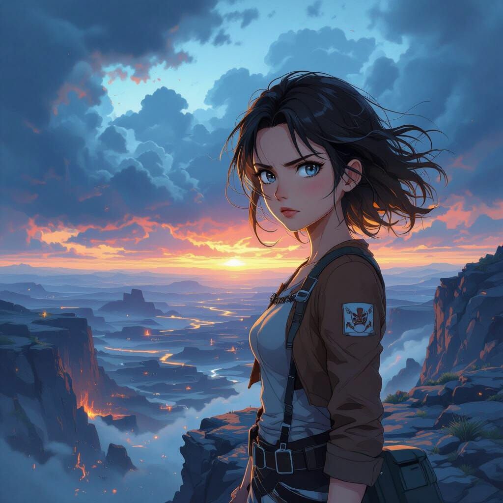 Anime Woman on Precipice in Attack on Titan Style