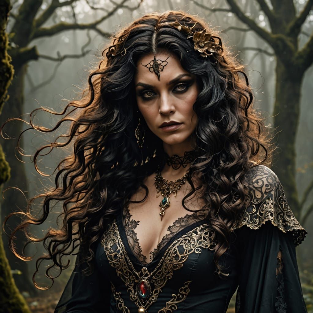 Enigmatic Witch in Golden Lace Regalia