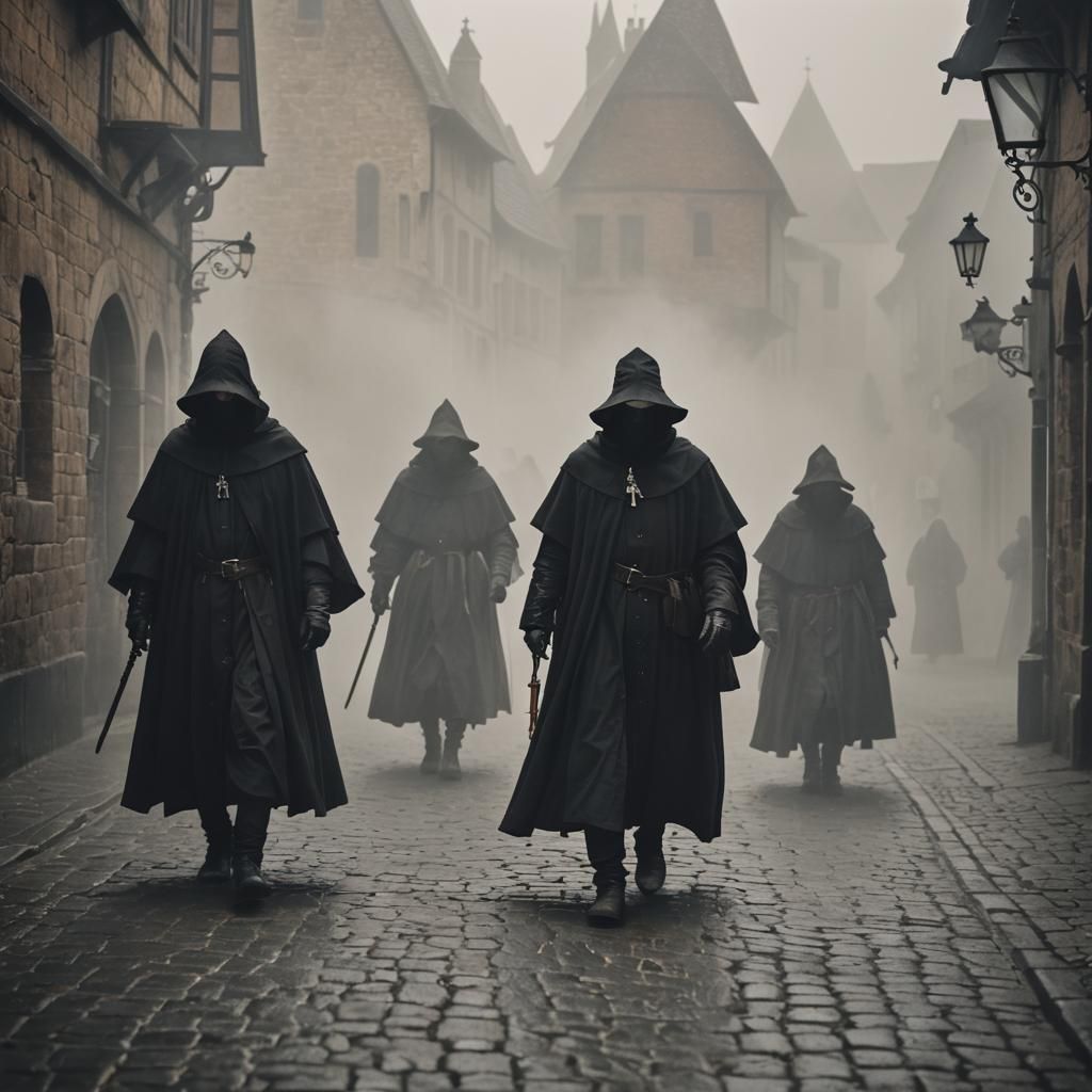 Plague Doctors in Foggy Medieval Streets