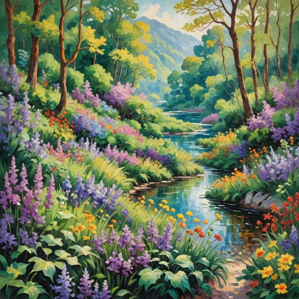 Impressionist Spring Flowers Landscape with River