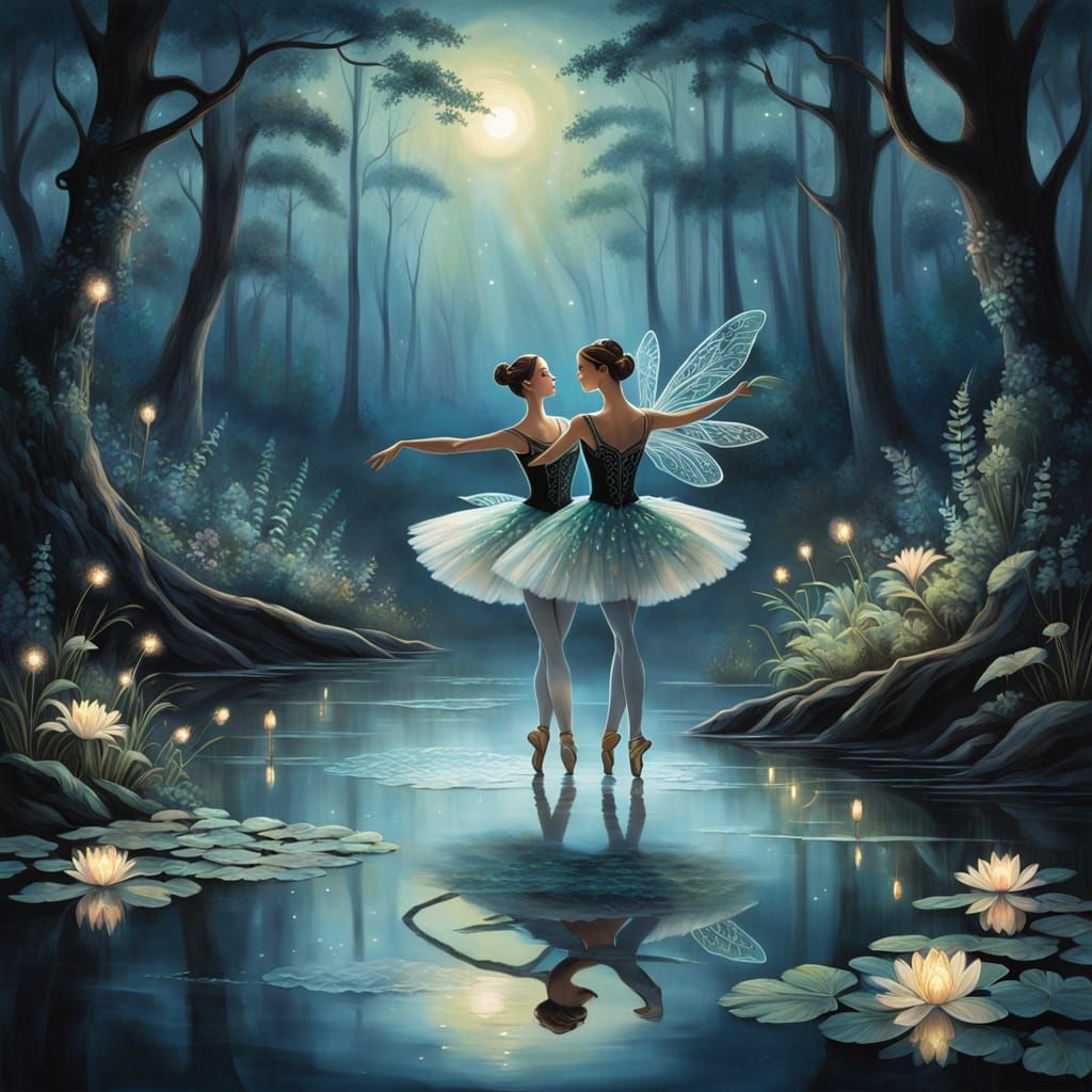 Whimsical Ballerinas Dance on a Moonlit Lake in a Dreamlike,...