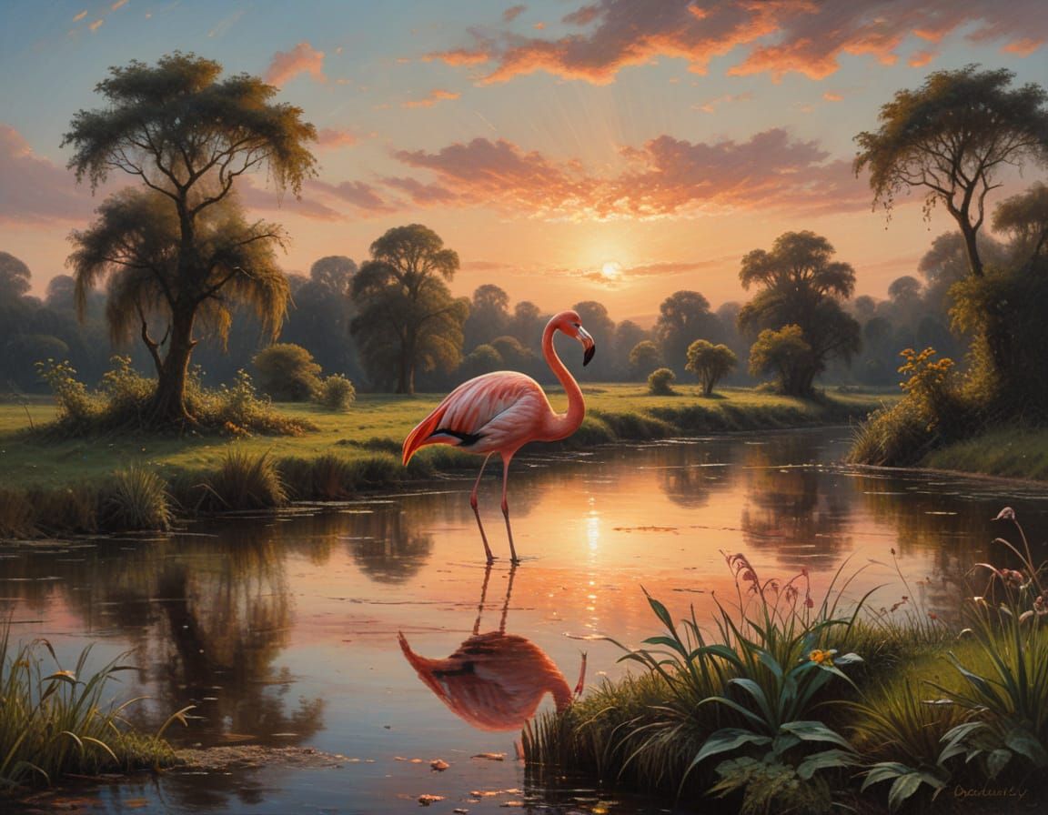 Flamingo in Evening Sun, Romantic Style