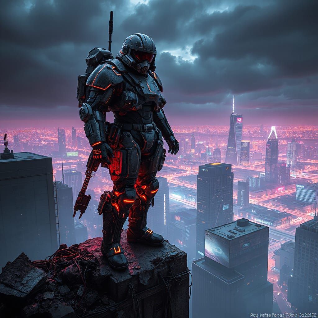 Mech Pilot Towers Over Dystopian Metropolis in Neon-Lit Exos...