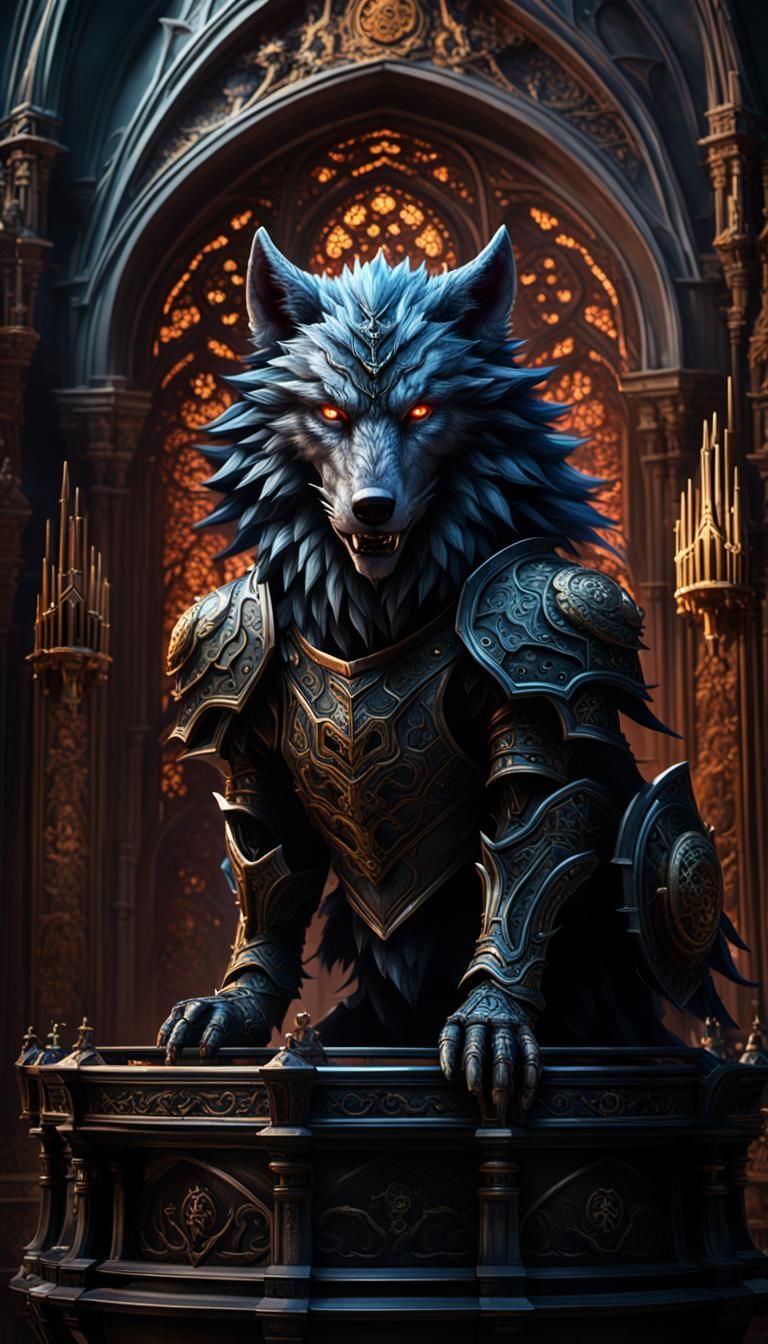Armored Shadow Wolf on Organ, Detailed Matte Painting