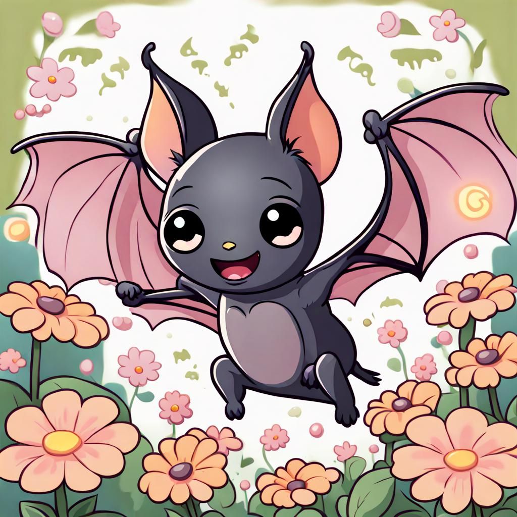 Chibified Baby Bat in Flower Garden