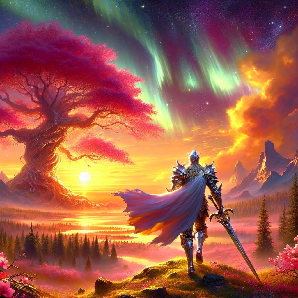 Knight in Shining Armor in Mythical Landscape
