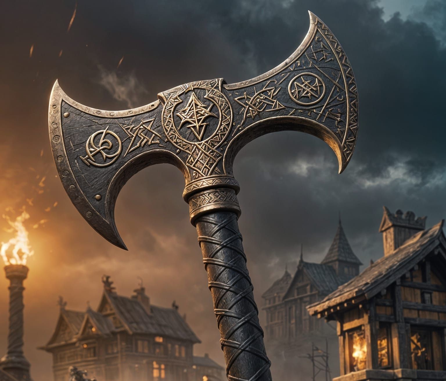 Runed Dwarfish Battleaxe with Well-Worn Handle