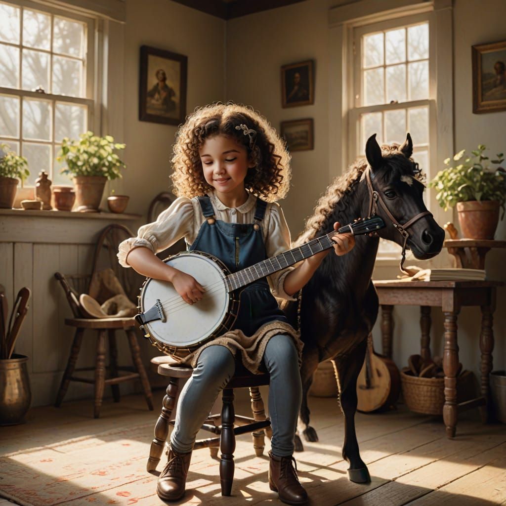 Sweet Girl Plays Banjo as Curly-Haired Horse Looks On