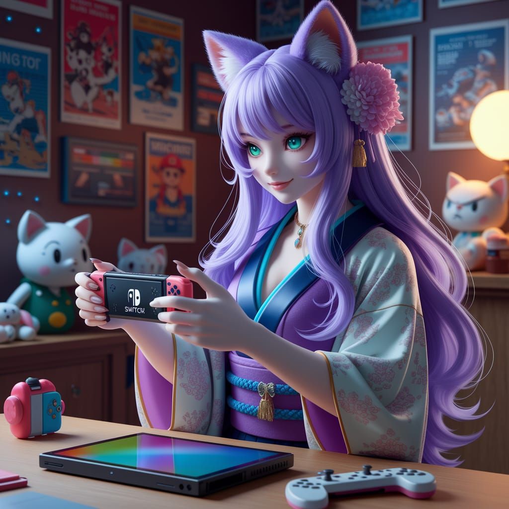 Adult Neko Gamer Lady Invites Mario Kart Co-op in Cozy Retro...