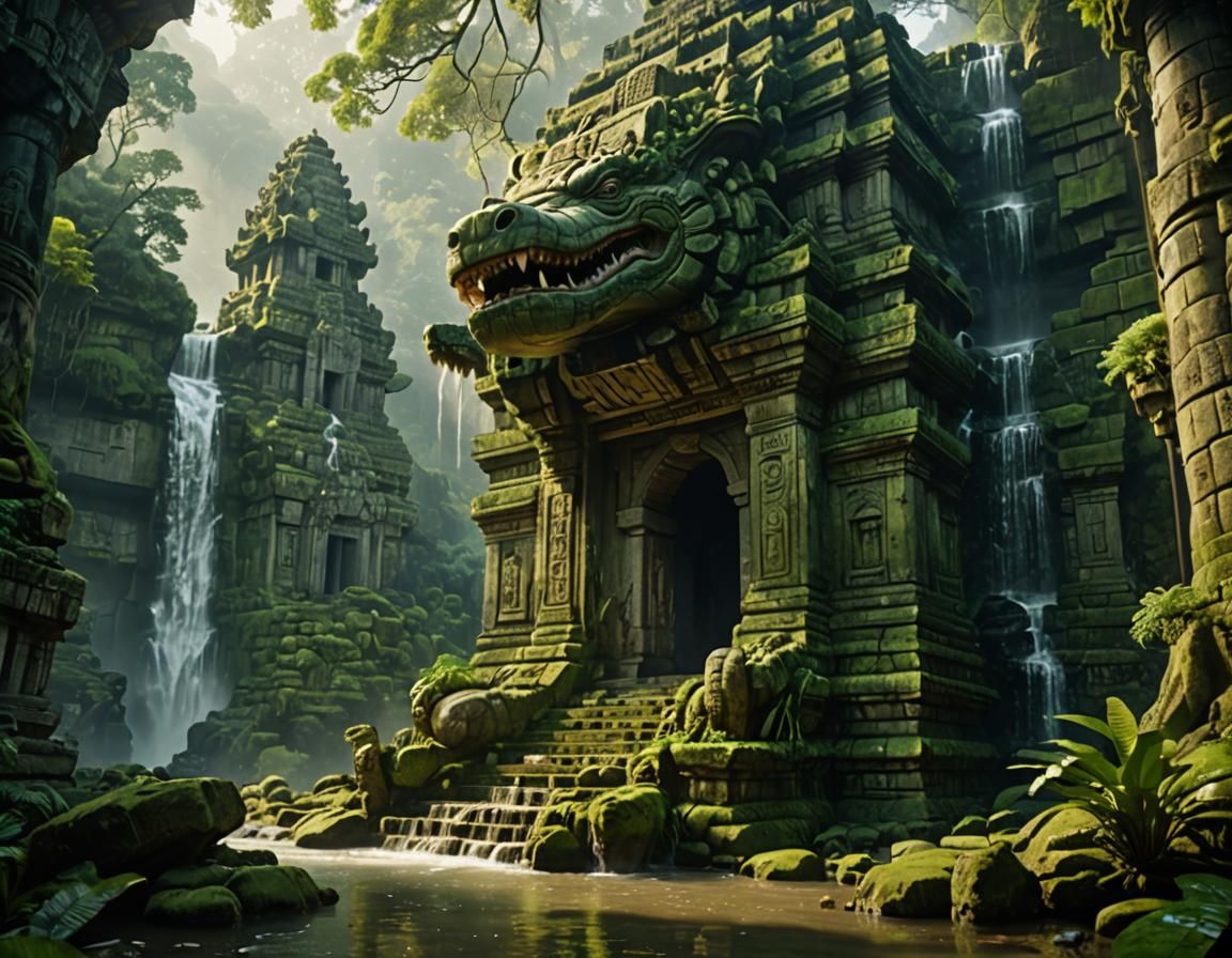 Majestic Temple at Waterfall Base in Golden Light