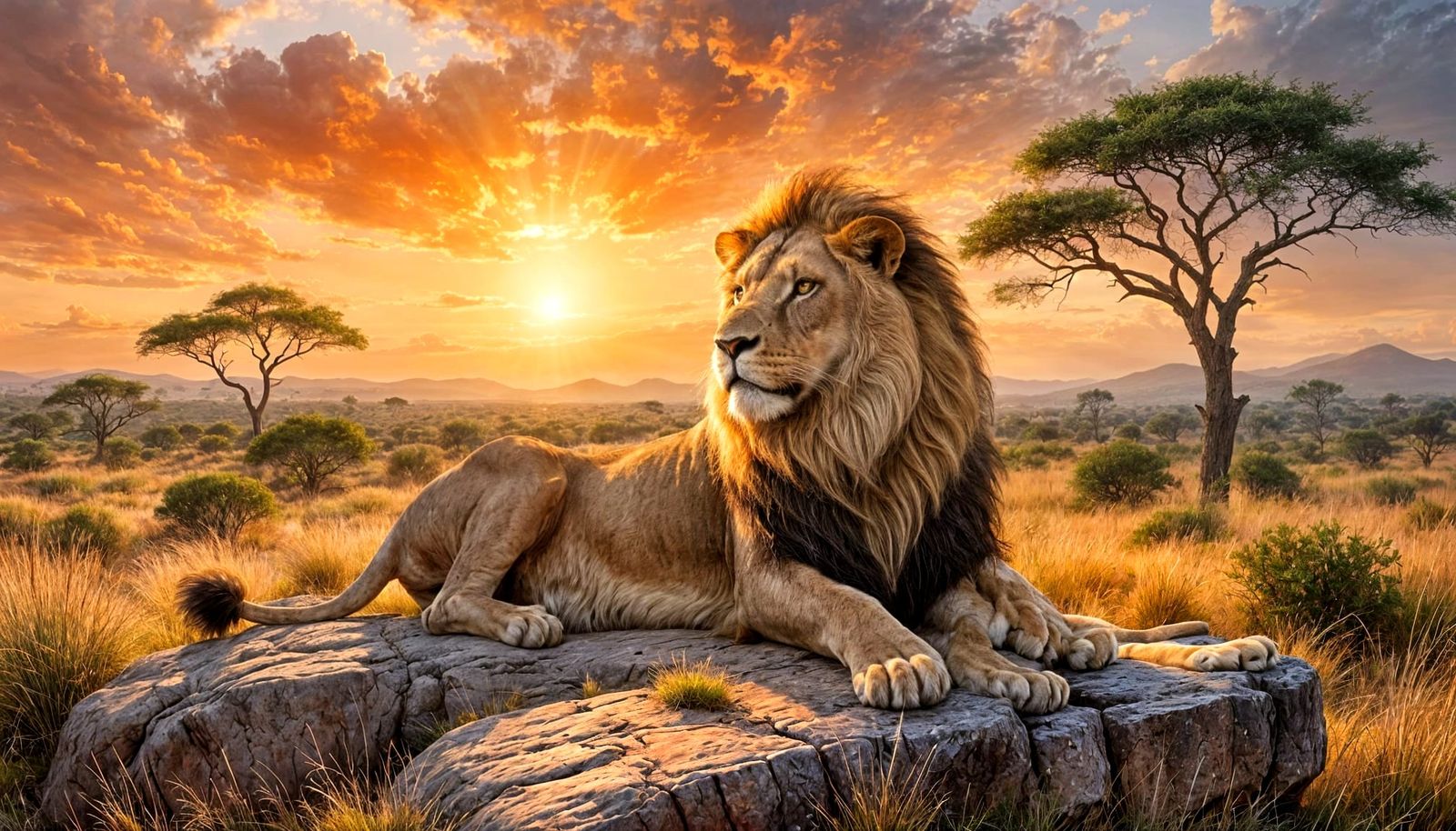 Majestic Lion Rests in Golden Hour Savannah