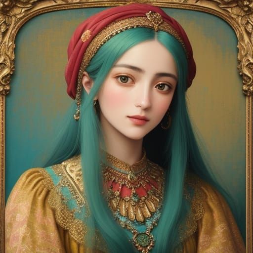 Woman in Floral Hijab, Moreau Style Vintage Portrait