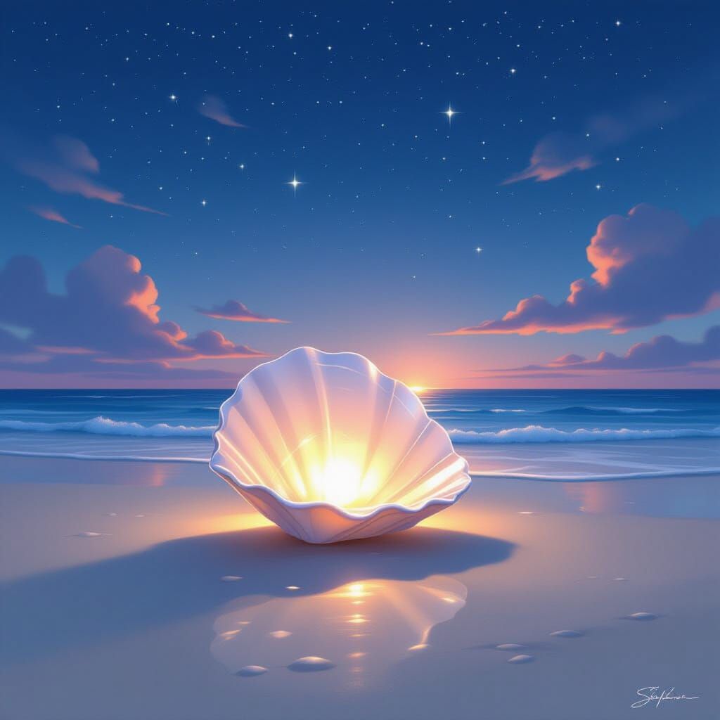 Starry Night Beach Reflected in Luminous Shell