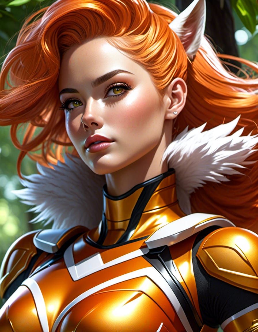 Female Orange Power Ranger in Forest, Detailed Portrait