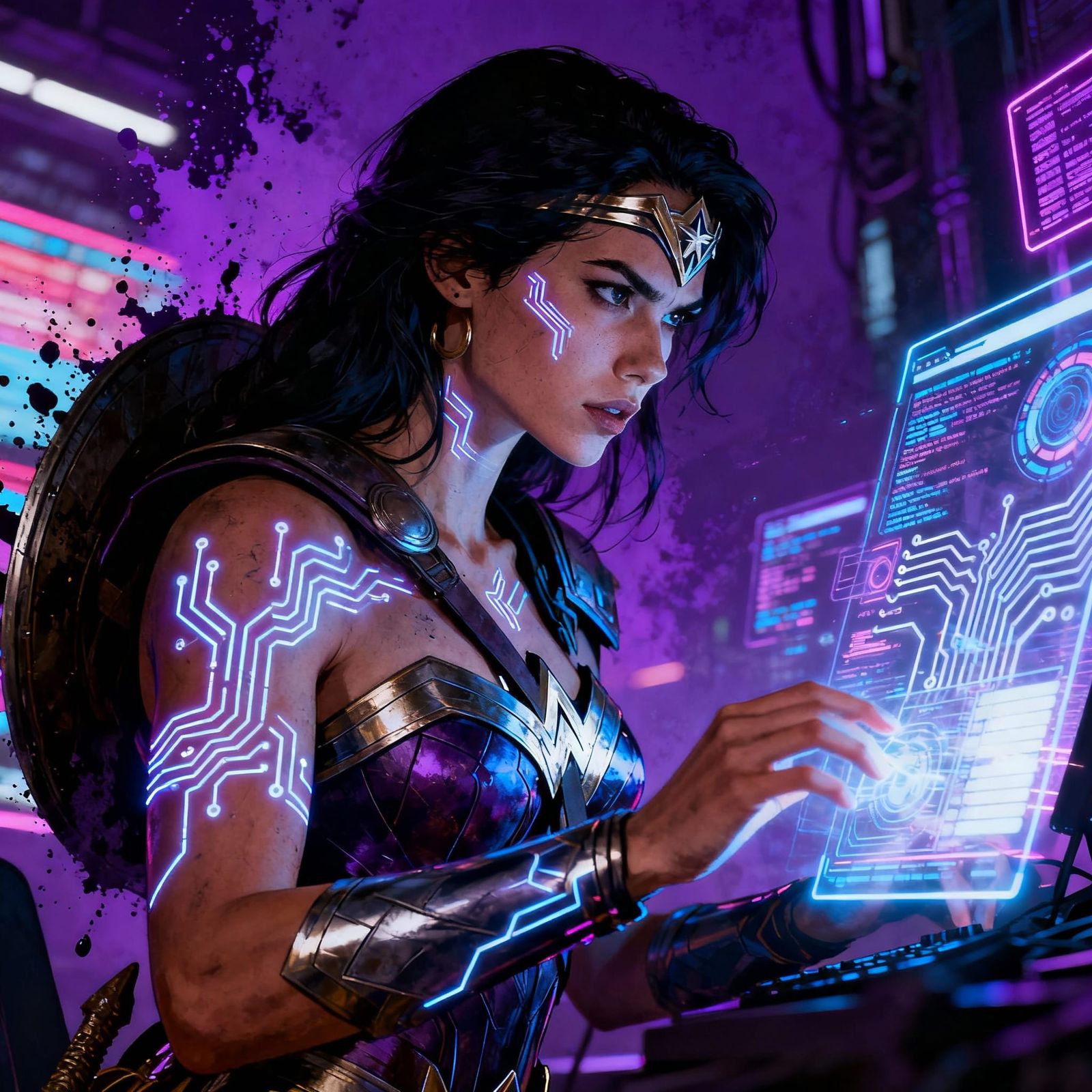 Cyberpunk Amazon Hacker in Neon Data Haven