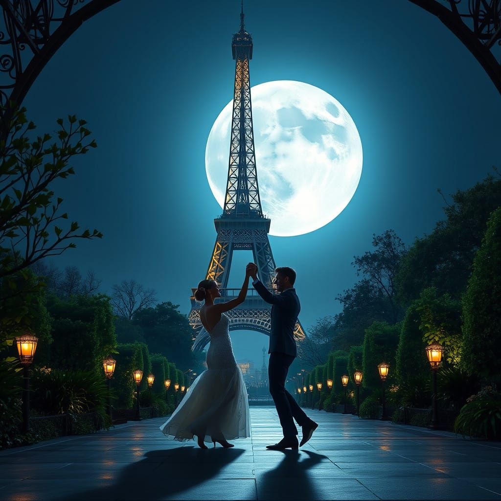 Elegant Couple Waltzing beneath the Eiffel Tower's Twinkling...