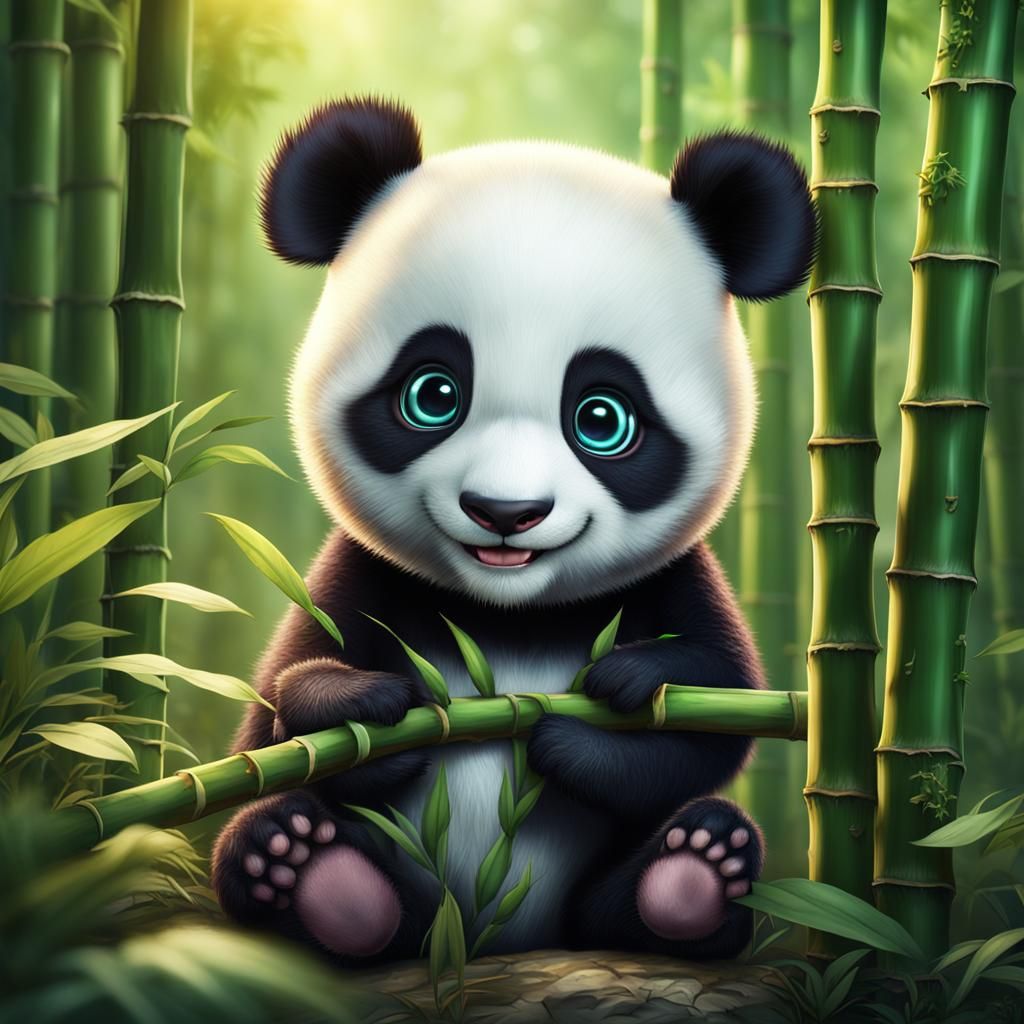 Adorable Baby Panda Eating Bamboo, Detailed Digital Painting