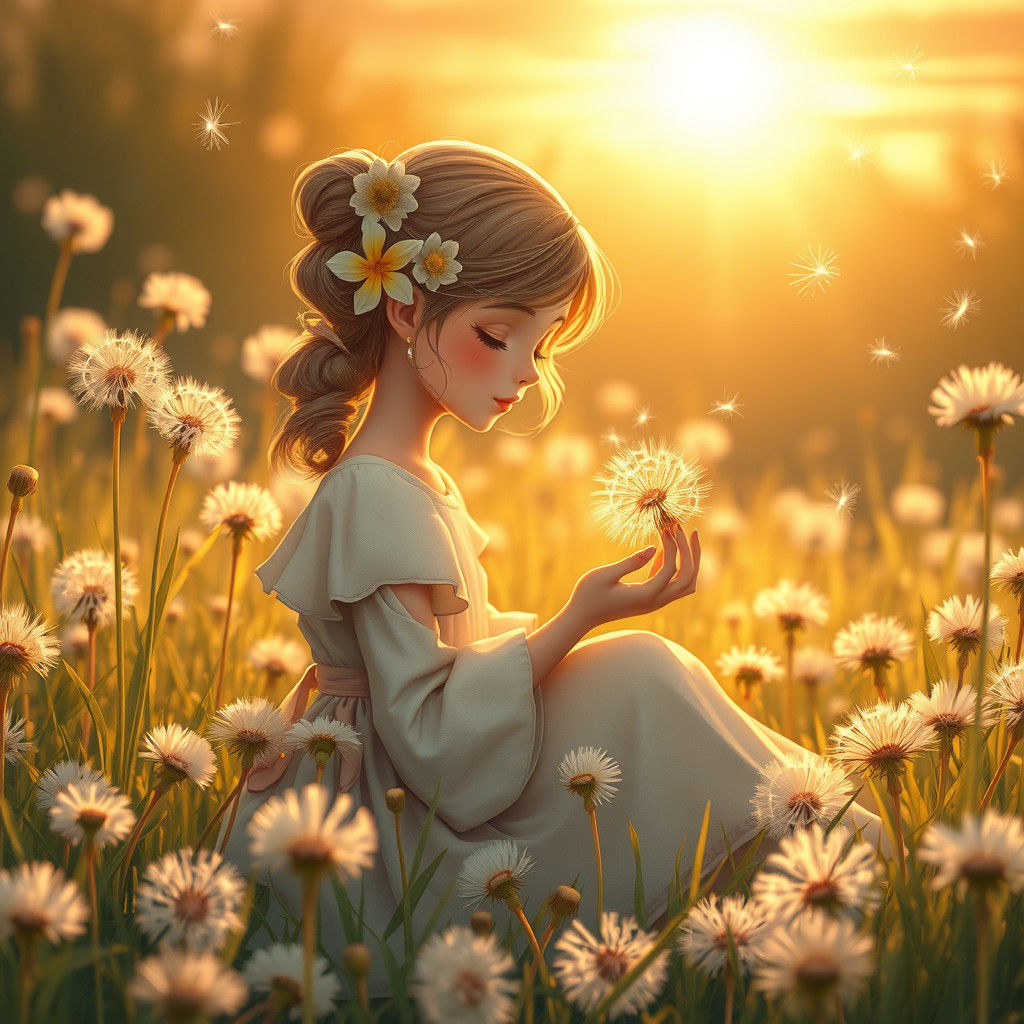 Girl with Dandelion in Dreamy Field Illustration