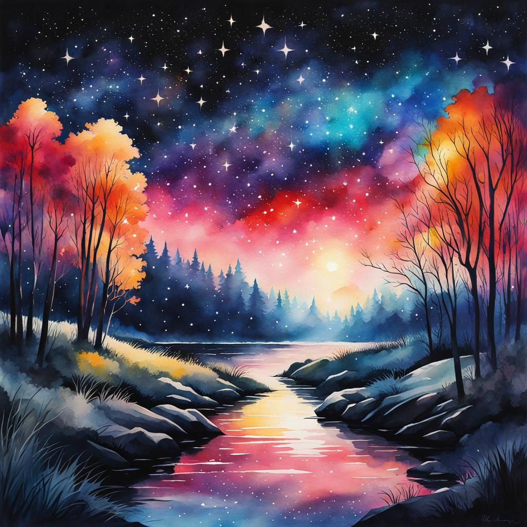 Starry Riverscape in Detailed Watercolor Style