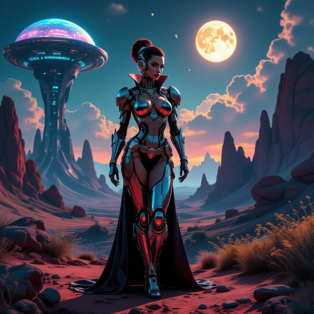 Cybernetic Steampunk Woman on Alien Planet
