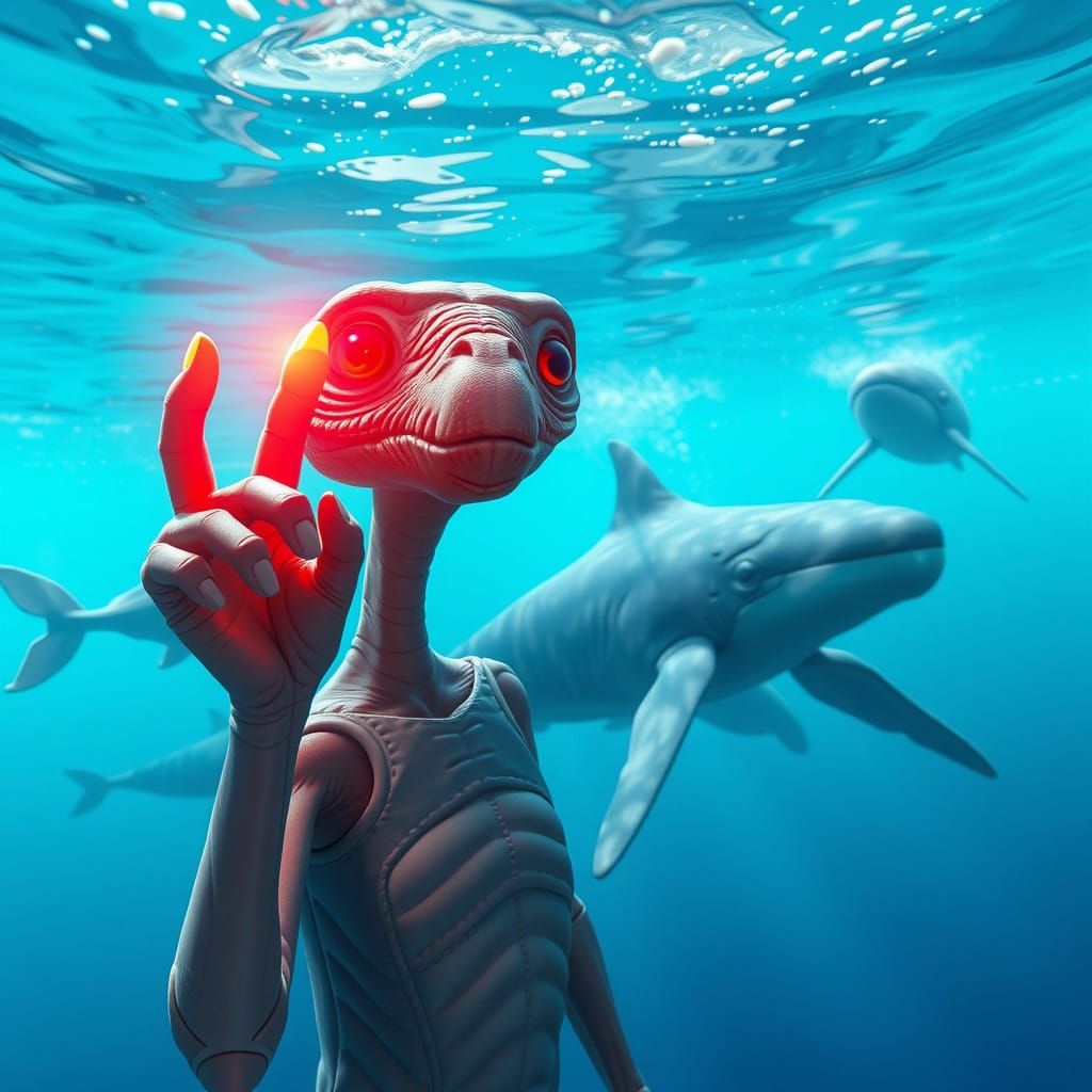 E.T. in Resplendent Underwater Scene, Guiding Whales with Fi...