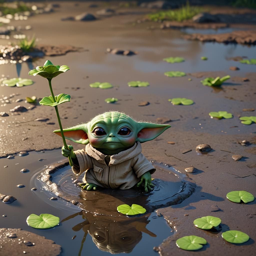 Baby Yoda with Frog: 3D Digital Art