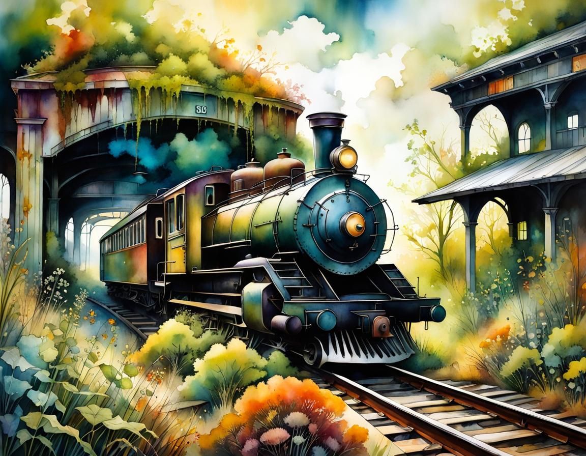 Abandoned Train Station in Surreal Alcohol Ink