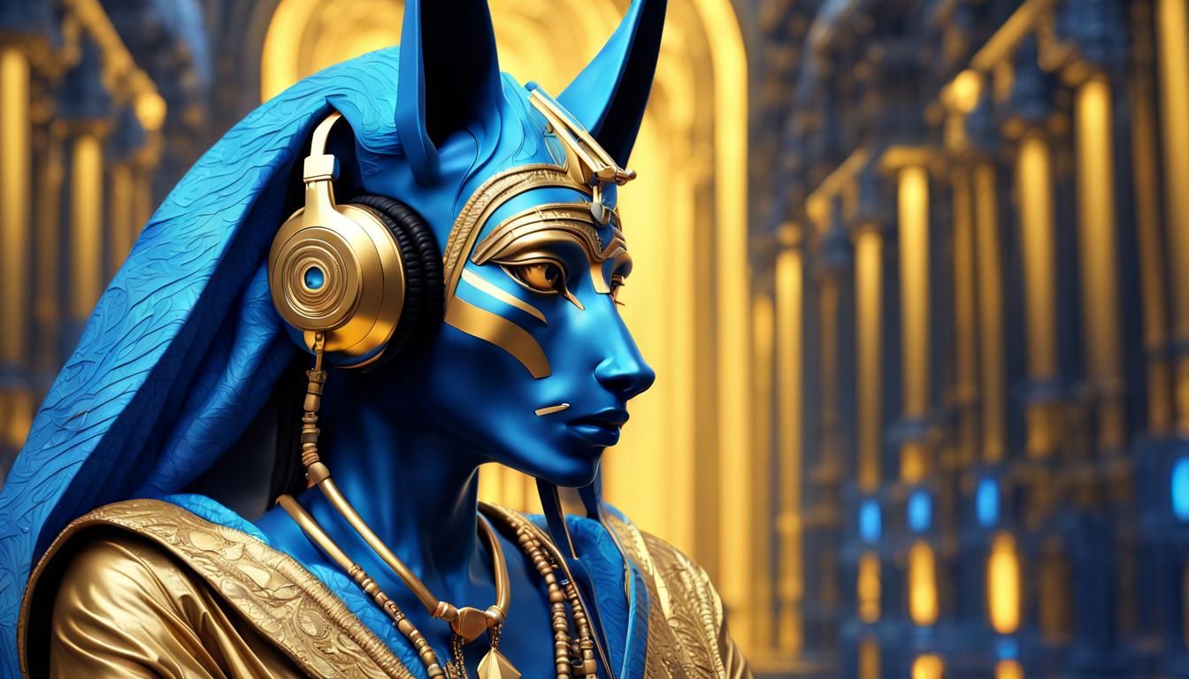Blue and Gold Anubis Listening to EDM