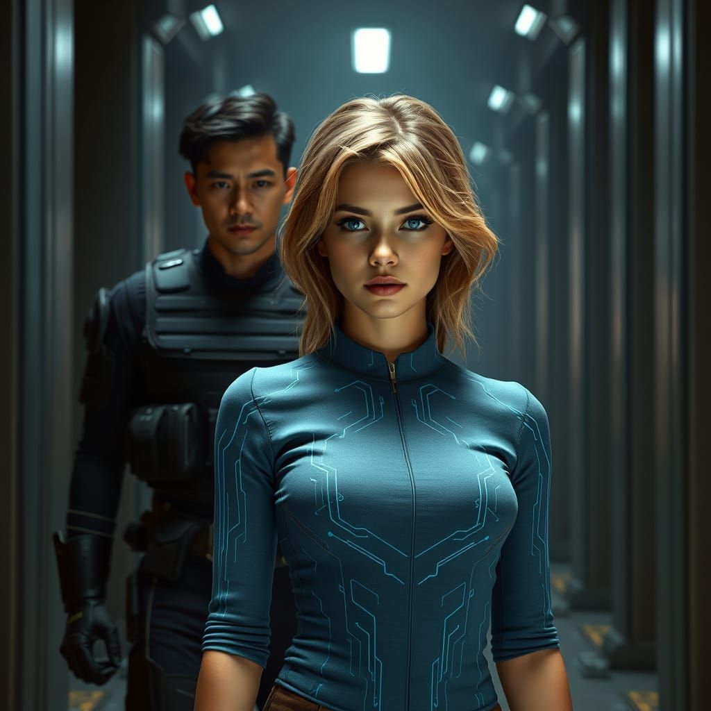 Futuristic Woman in Obsidian Hallway, Syd Mead Style