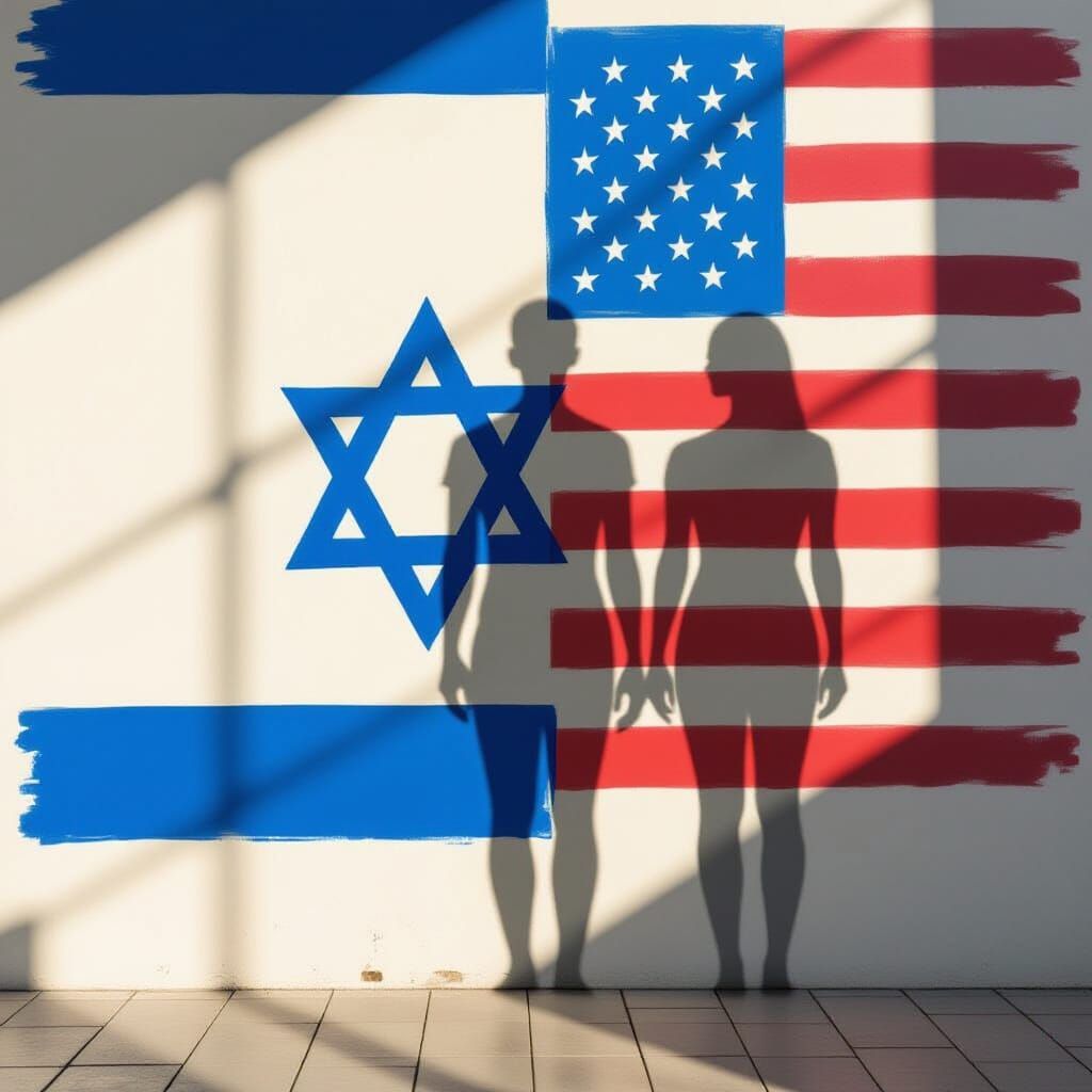 Human Shadow Divided Between Israeli and American Flags