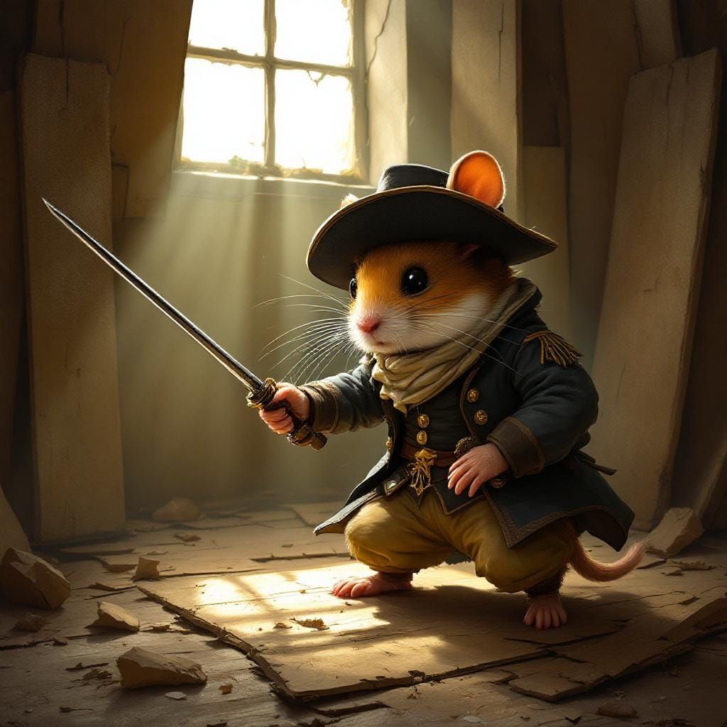 Chibi Hamster Musketeer Fencing in Attic, Tenebrism Style