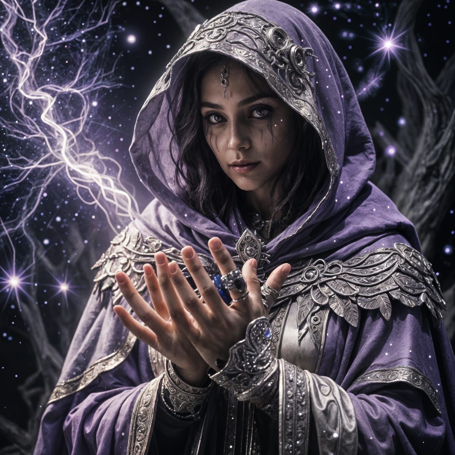 Ethereal Goddess Nyvara in Shimmering Violet and Silver