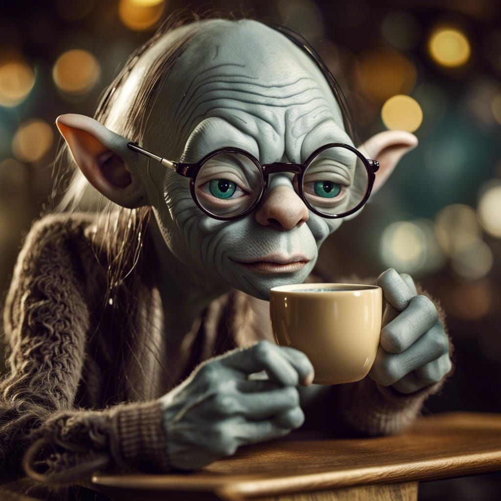 Hipster Gollum Drinking Espresso